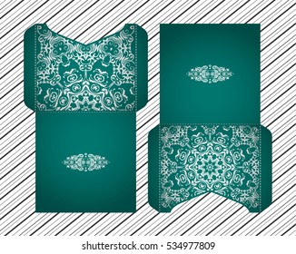 Vector wedding invitation with laser cut patterns of the mandala. Envelope design, ethnic style laser cut invitations. Collection envelopes for laser cutting.