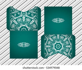 Vector wedding invitation with laser cut patterns of the mandala. Envelope design, ethnic style laser cut invitations. Collection envelopes for laser cutting.