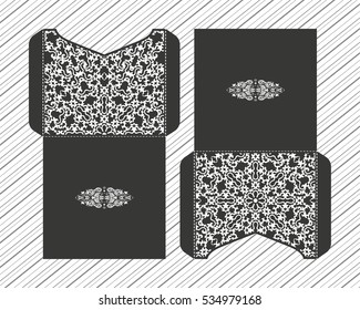 Vector wedding invitation with laser cut patterns of the mandala. Envelope design, ethnic style laser cut invitations. Collection envelopes for laser cutting.