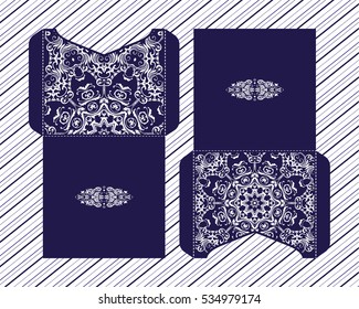 Vector wedding invitation with laser cut patterns of the mandala. Envelope design, ethnic style laser cut invitations. Collection envelopes for laser cutting.