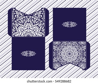 Vector wedding invitation with laser cut pattern. Laser cut envelope, design, mandala, ethnic style laser cut wedding invitation. Collection envelopes for laser cutting Mandala