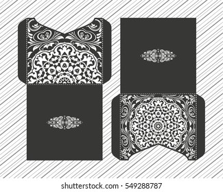 Vector wedding invitation with laser cut pattern. Laser cut envelope, design, mandala, ethnic style laser cut wedding invitation. Collection envelopes for laser cutting Mandala