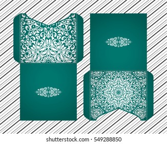 Vector wedding invitation with laser cut pattern. Laser cut envelope, design, mandala, ethnic style laser cut wedding invitation. Collection envelopes for laser cutting Mandala