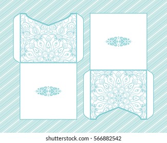 Vector wedding invitation with laser cut patterns of the mandala. Envelope design, ethnic style laser cut invitations. Collection envelopes for laser cutting.