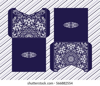 Vector wedding invitation with laser cut patterns of the mandala. Envelope design, ethnic style laser cut invitations. Collection envelopes for laser cutting.
