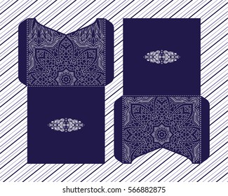 Vector wedding invitation with laser cut patterns of the mandala. Envelope design, ethnic style laser cut invitations. Collection envelopes for laser cutting.