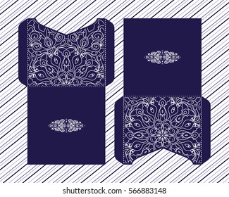 Vector wedding invitation with laser cut patterns of the mandala. Envelope design, ethnic style laser cut invitations. Collection envelopes for laser cutting.