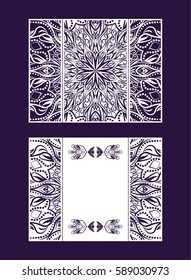 Vector wedding invitation with laser cut pattern. Laser cut envelope, design, mandala, ethnic style laser cut wedding invitation. Collection envelopes for laser cutting Mandala