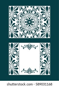 Vector wedding invitation with laser cut pattern. Laser cut envelope, design, mandala, ethnic style laser cut wedding invitation. Collection envelopes for laser cutting Mandala