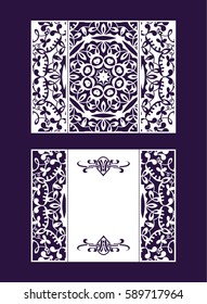 Vector wedding invitation with laser cut pattern. Laser cut envelope, design, mandala, ethnic style laser cut wedding invitation. Collection envelopes for laser cutting Mandala