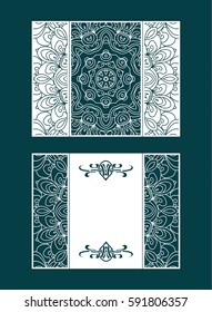 Vector wedding invitation with laser cut pattern. Laser cut envelope, design, mandala, ethnic style laser cut wedding invitation. Collection envelopes for laser cutting Mandala