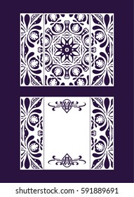 Vector wedding invitation with laser cut pattern. Laser cut envelope, design, mandala, ethnic style laser cut wedding invitation. Collection envelopes for laser cutting Mandala