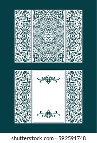 Vector wedding invitation with laser cut pattern. Laser cut envelope, design, mandala, ethnic style laser cut wedding invitation. Collection envelopes for laser cutting Mandala
