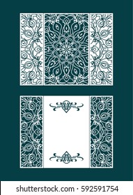 Vector wedding invitation with laser cut pattern. Laser cut envelope, design, mandala, ethnic style laser cut wedding invitation. Collection envelopes for laser cutting Mandala