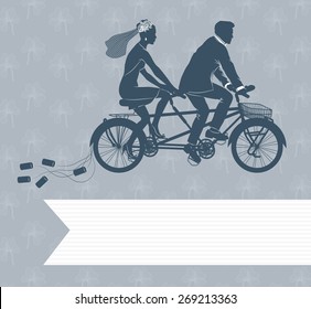 Vector wedding invitation with Loving couple just married on the bicycle