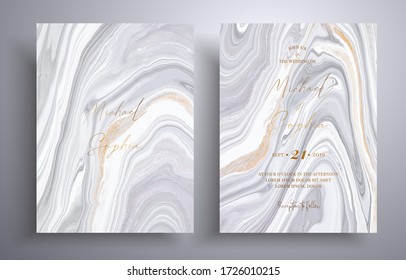 Vector wedding invitation with marble pattern. Golden, black and white overflowing colors. Beautiful cards that can be used for design cover, invitation, greeting cards, brochure and etc