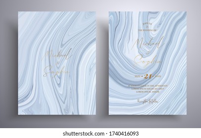Vector wedding invitation with marble pattern. Gray, blue and white overflowing colors. Beautiful cards that can be used for design cover, invitation, greeting cards, brochure and etc
