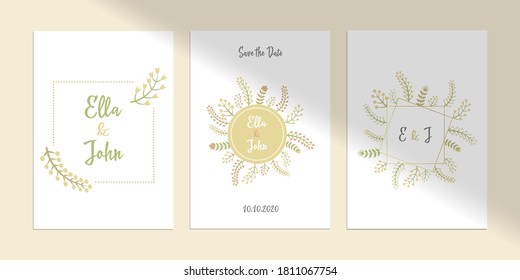 Vector wedding invitation mock up. Shadow overlay effect. Transparent soft light and shadows from window. Posters mockup. Save the date and marriage monogram. Natural lightning 10 eps mesh.