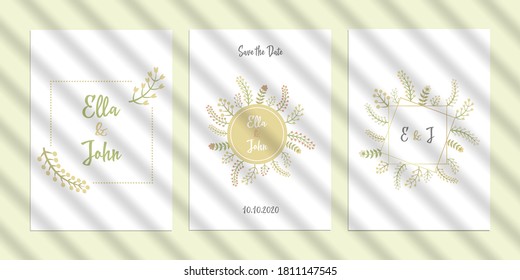 Vektor Hochzeitseinladung Muster auf. Schattenüberlagseffekt. Transparentes, weiches Licht und Schatten aus dem Fenster. Poster sind verspottet. Speichern Sie das Datum und die Ehe-Monogramm. Natürlicher Blitz 10 eps Mesh.