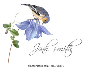 Tarjeta de nombre de invitación de boda vectorial con elegante flor azul y bonito pájaro aislado en fondo blanco. Se puede utilizar como diseño floral para cosméticos, perfumes, productos sanitarios, tarjetas de felicitación