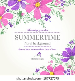 Vector Wedding Invitation With Pink And Purple Flowers On A White Background.