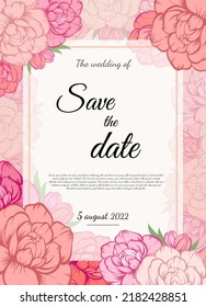 Vector wedding invitation with pink roses, peony and tulip flowers. Can be used as floral design for natural cosmetics, perfume, health care products and greeting cards.