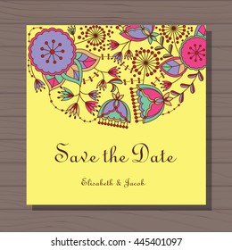 Vector Wedding invitation with poppy and dandelion on wooden background
