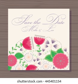 Vector Wedding invitation with poppy and dandelion on wooden background
