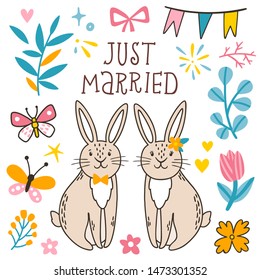 Vector wedding invitation with rabbits, flowers, butterflies, decoration and text "Just married". Invite template with cute smiling cartoon character and floral elements. 