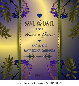 Vector wedding invitation with the rowan.  Vintage vector card template. Save the date invitation at the dark blue background.