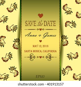 Vector wedding invitation with rowan. Vintage vector card template. Save the date invitation at the tender beige background. Eps 10