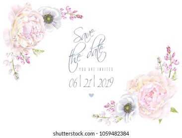 Vector wedding invitation save the date card with peony and anemone flowers on white. Romantic floral design. Can be used for natural cosmetics, women products, greeting, summer background