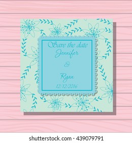 Vector wedding invitation scuba blue colors on wooden background