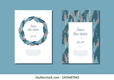 Vector wedding invitation set with floral decoration with eucalyptus. A modern design for invitations, save the date and thank you cards. With place for text