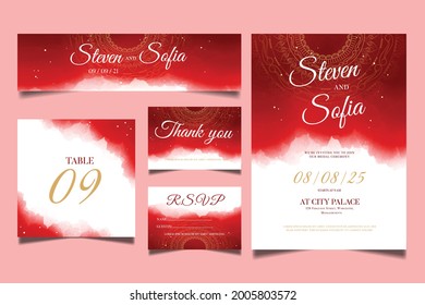Vector wedding invitation set with liguid fluis background. red water color with mandala decoration luxury design. save the date   concept  card
