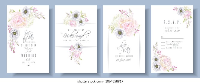 Vector wedding invitation set with peony, hydrangea and anemone flowers on white. Romantic floral design. Can be used for natural cosmetics, perfume, women products, greeting card, summer background