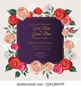 Vector wedding invitation set with purple background and  floral decoration illustration design. save the date   concept  card