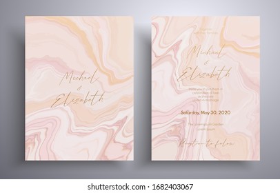 Vector wedding invitation with with swirling paint effect. Pink, beige and white overflowing colors. Beautiful cards that can be used for design cover, invitation, greeting cards, brochure and etc