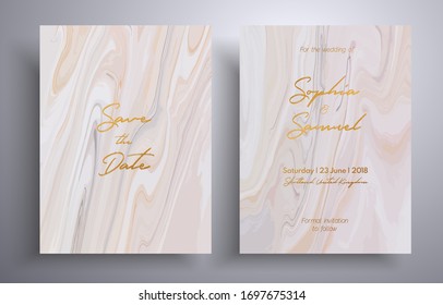 Invitación a la boda vectorial con efecto de pintura giratoria. Color rosa, beige y blanco. Bonitas tarjetas que pueden ser usadas para la cubierta de diseño, invitación, tarjetas de felicitación, folleto, etc