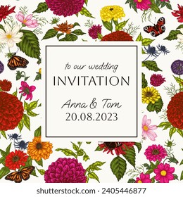Vector wedding invitation template with autumn flowers. Dahlia, cosmos, zinnia and butterflies