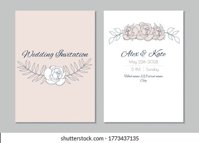 Vector wedding invitation template with beautiful roses. Dark blue contour, cream background. 
