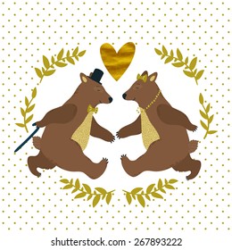 Vector wedding invitation template with couple of dancing elegant bears. Retro card with hand drawing characters, golden wreath and heart