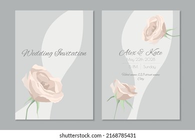 Vector wedding invitation template with creamy roses and geometrical grey background