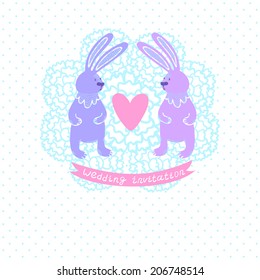 Vector wedding invitation template with cute smiling rabbits, flowers, ribbon and heart on the dotted background