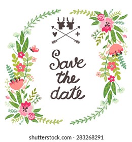 Vector wedding invitation template. Floral background with wreath from flowers, leaves, branches, berries. Card with hand written stylish text "Save the date". Vintage natural background.
