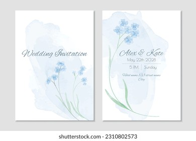 Vector wedding invitation template and forget  me  nots   watercolor background
