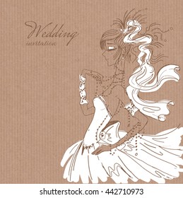 Vector wedding invitation template, hand drawn beautiful bride in gorgeous white dress on brown paper background
