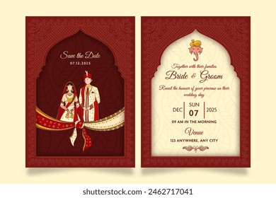 Vector wedding invitation template layout with indian faceless couple image in brick red and beige