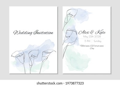 Vector wedding invitation template with light blue watercolour calla lilies