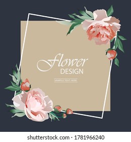 Vector wedding invitation template with pink peonies, floral frame